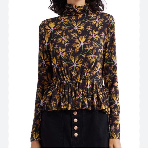 Ulla Johnson Nina Black Floral Rayon Stretch Peplum Waist Top Size M NWOT - Picture 1 of 6
